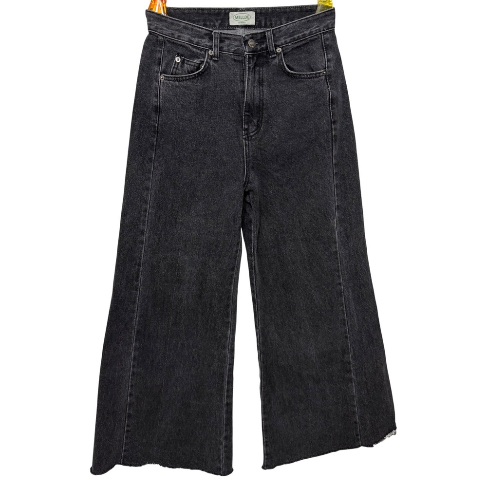 Mellde Wide Leg Jeans Women Size S Black Excellent Raw Hem High Rise Seam Detail